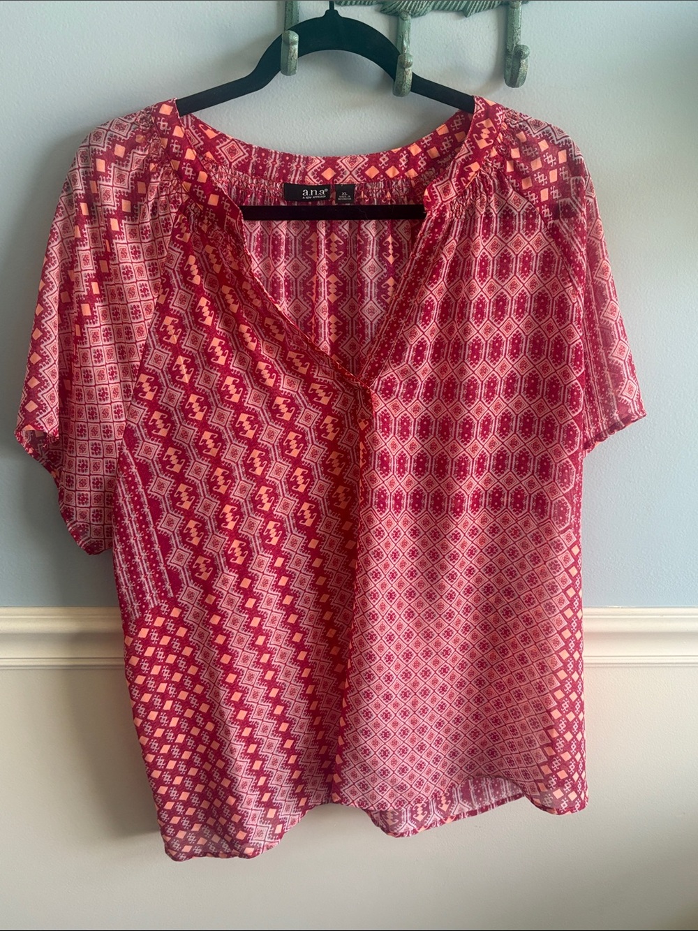 a.n.a Red Geometric Short-Sleeve Peasant Blouse